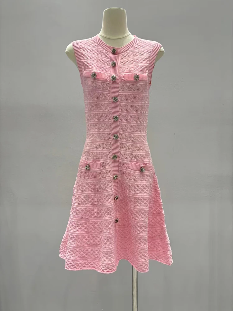 Pink Sleeveless A-Line Dress with Rhinestone Buttons and Round Neck – Stylish & Elegant New Arrival for Autumn 2026