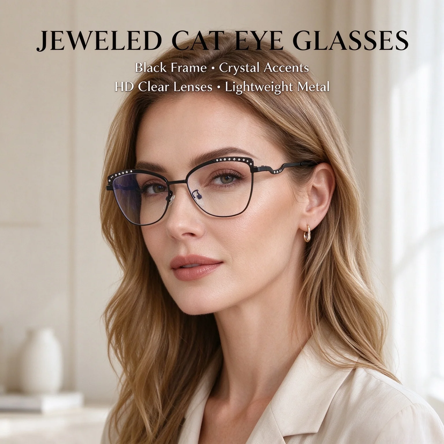 Trendy Color-Changing Anti-Blue Light Glasses for Women, Fashionable Flat Glasses with Rhinestones