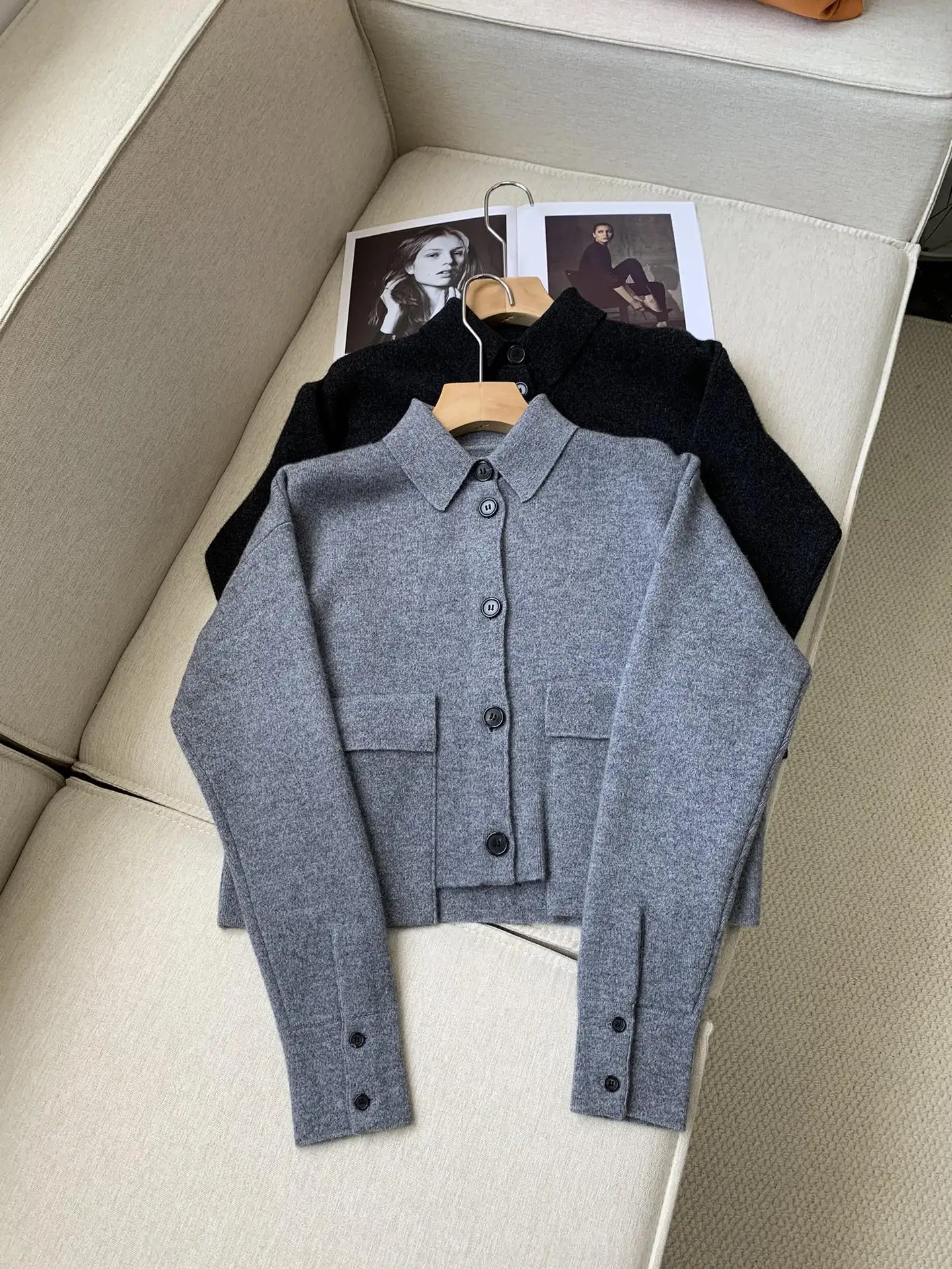 Autumn New Women Cashmere and Wool Cardigan Large Pockets Single Breasted Turn-down Collar Long Sleeve Casual Female Sweater