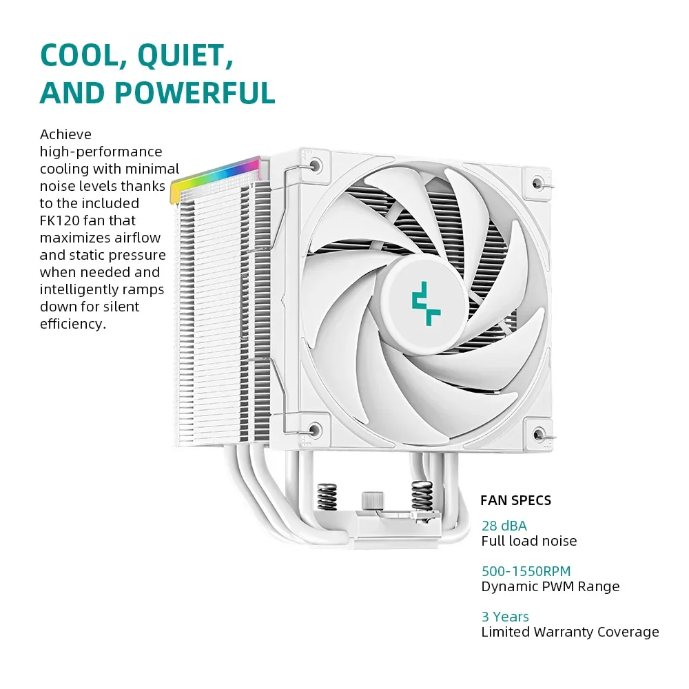 DeepCool-enfriador de CPU AK500 Digital WH blanco para AM5, 1850 RPM, PWM, pantalla en tiempo Real, Enfriador de aire de CPU con 5 tubos de calor, refrigeración de Chip