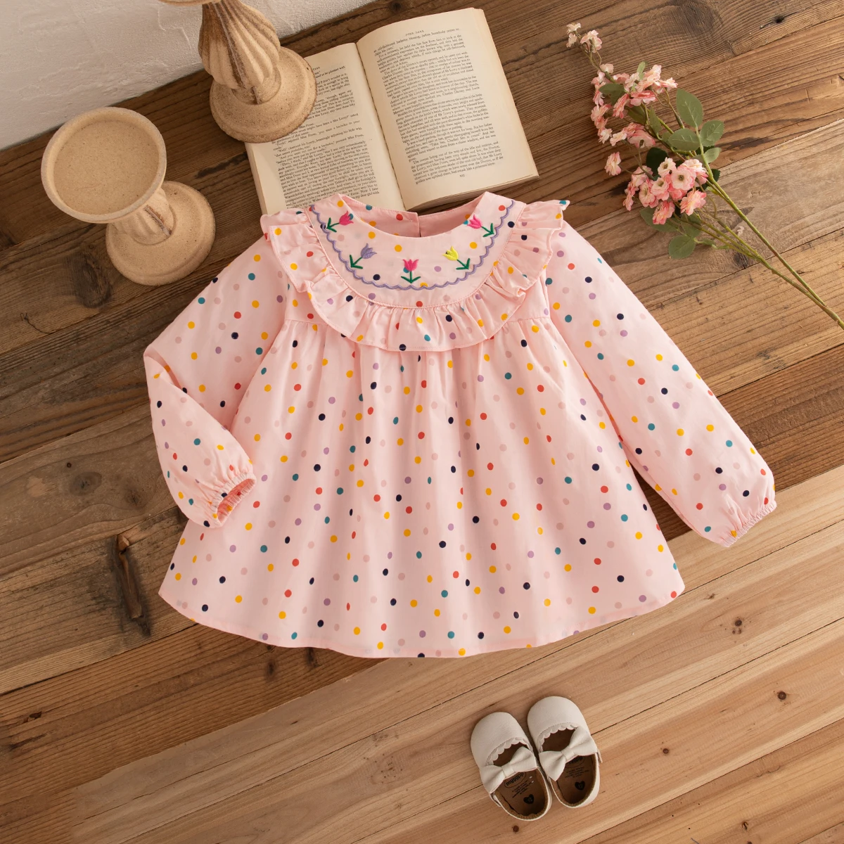 Spring And Autumn New Flower Embroidered Baby Girl Dress With Polka Dot Long Sleeve Children'S Clothing (9 Months -3 Years Old)