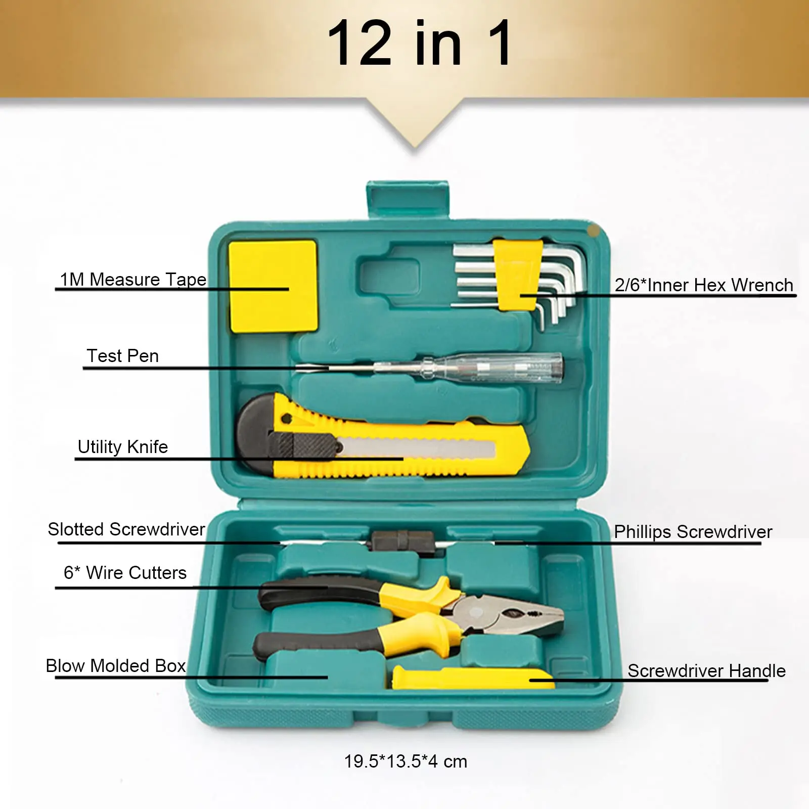 12 Piece Core Tool Kit with Pliers Screwdrivers Hex Wrenches Tape Measure and Voltage Tester for Basic Home Improvement
