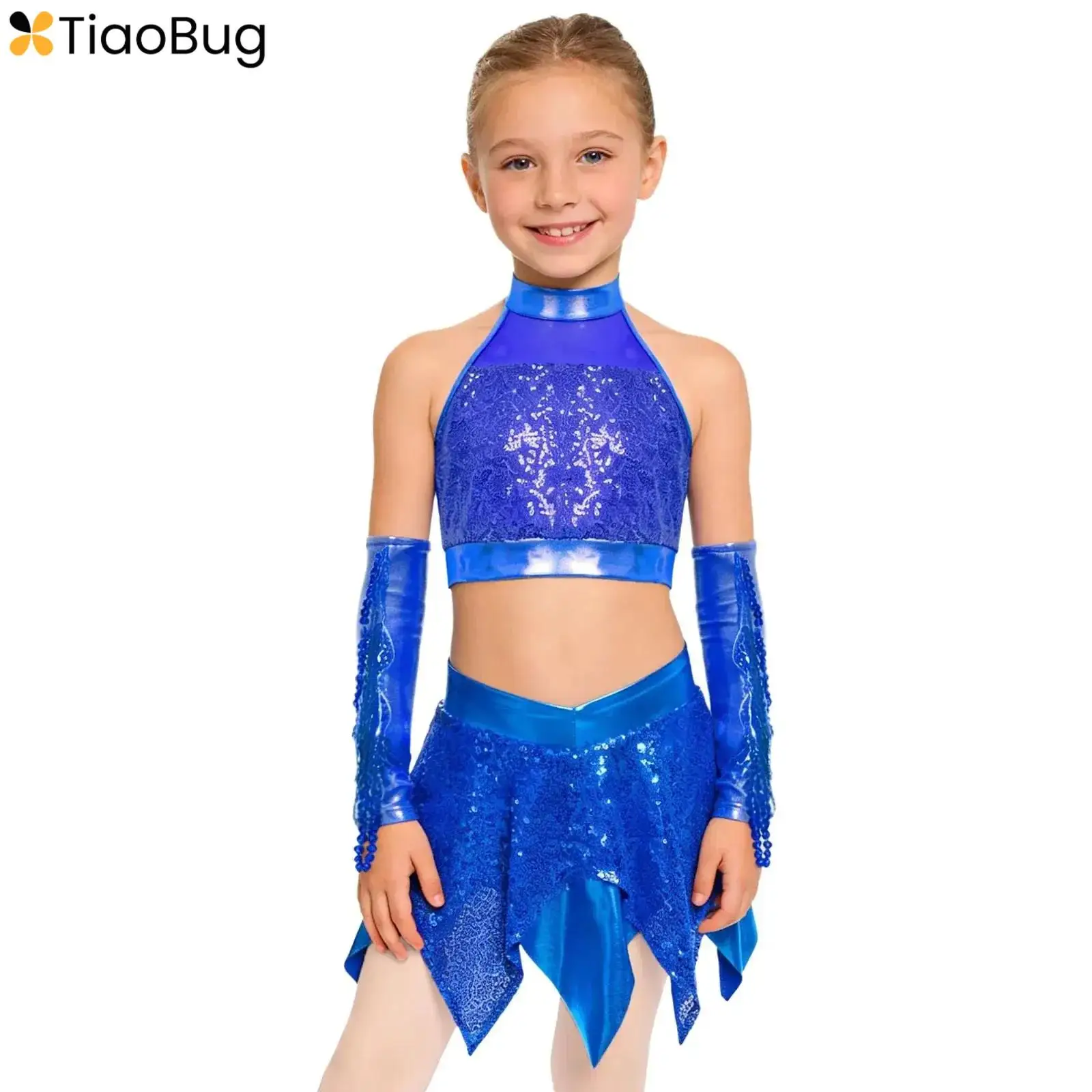 

Sequins Metallic Jazz Dance Dress Sets for Girls Hip Hop Dance Dress Outfits Sequins Dance Crop Top with Skirts and Gloves Youth