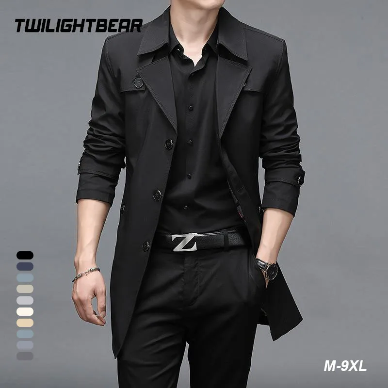 10 Colors Classic Long Trench Men Windbreaker Coat 8XL Plus Size Solid Business Casual Long Jacket Men Clothing Outerwear Coats