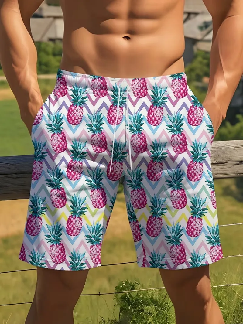 Men's Pineapple Print Beach Shorts Tropical Pineapple & Rainbow Zigzag Graphic Quick Dry Swim Trunks Hawaiian Ice Shorts