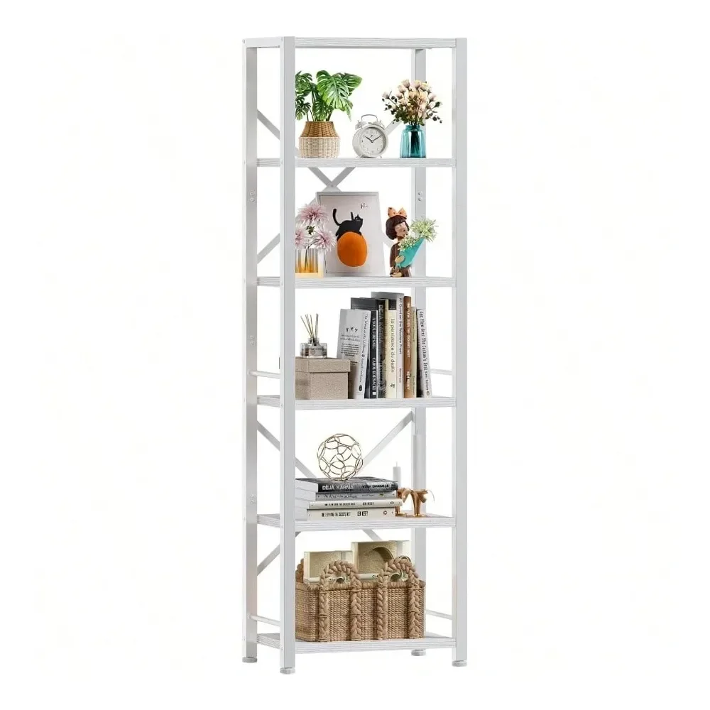 

Tall Bookshelf Narrow Bookcase With 6 Shelves Modern Freestanding Shelf Units Metal And Wood Display Storage Corner Rack Organi