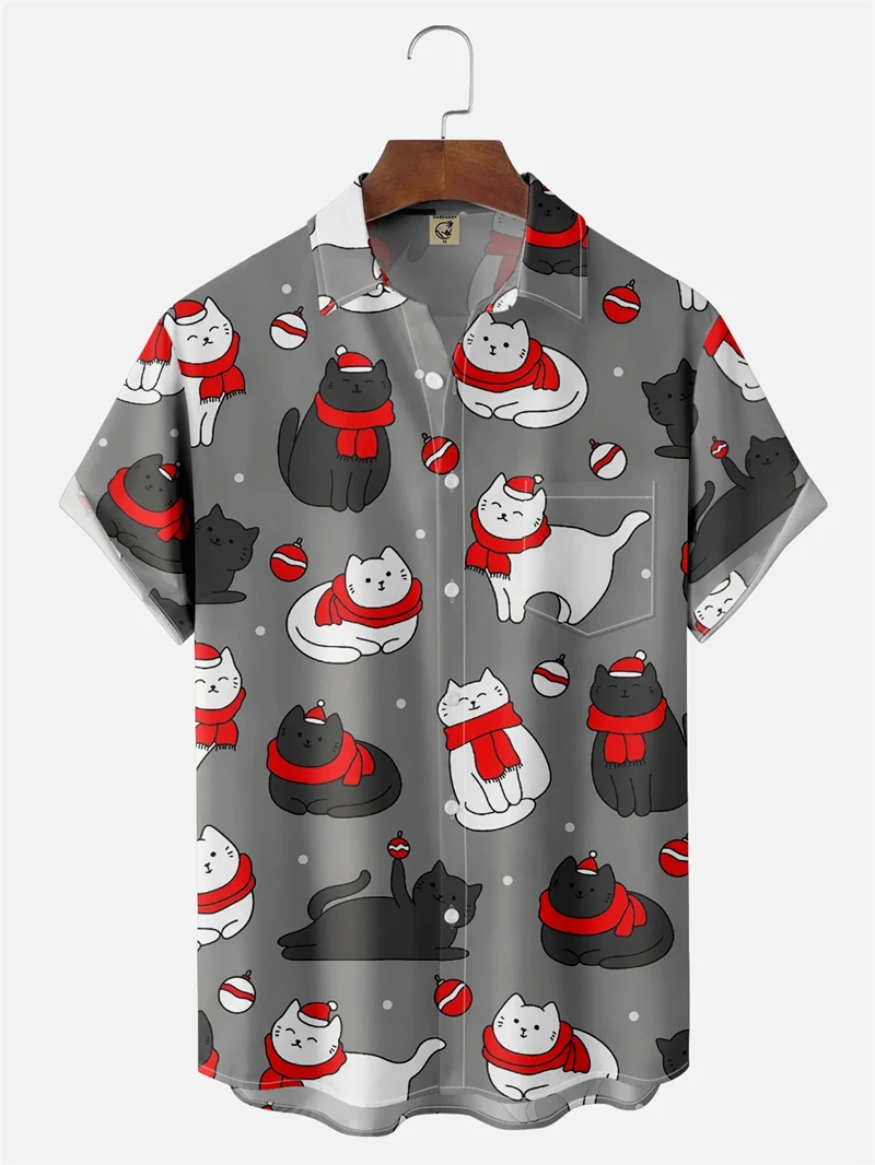 New Christmas cat pattern short-sleeved shirt for men and women, 3D print Hawaiian beach shirt, Christmas element Y2K top