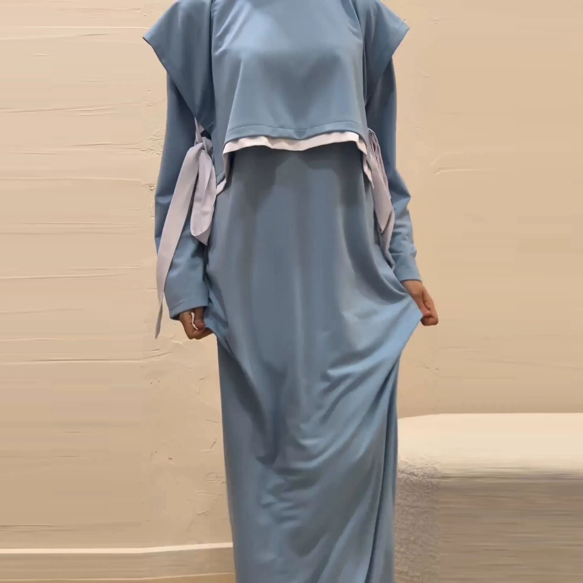 Women Eid Muslim Sets Musulman Ensemble Dubai Arab Vest Kaftan Islam Abayas Ankle Length Long Robe Solid Two Pieces Modest