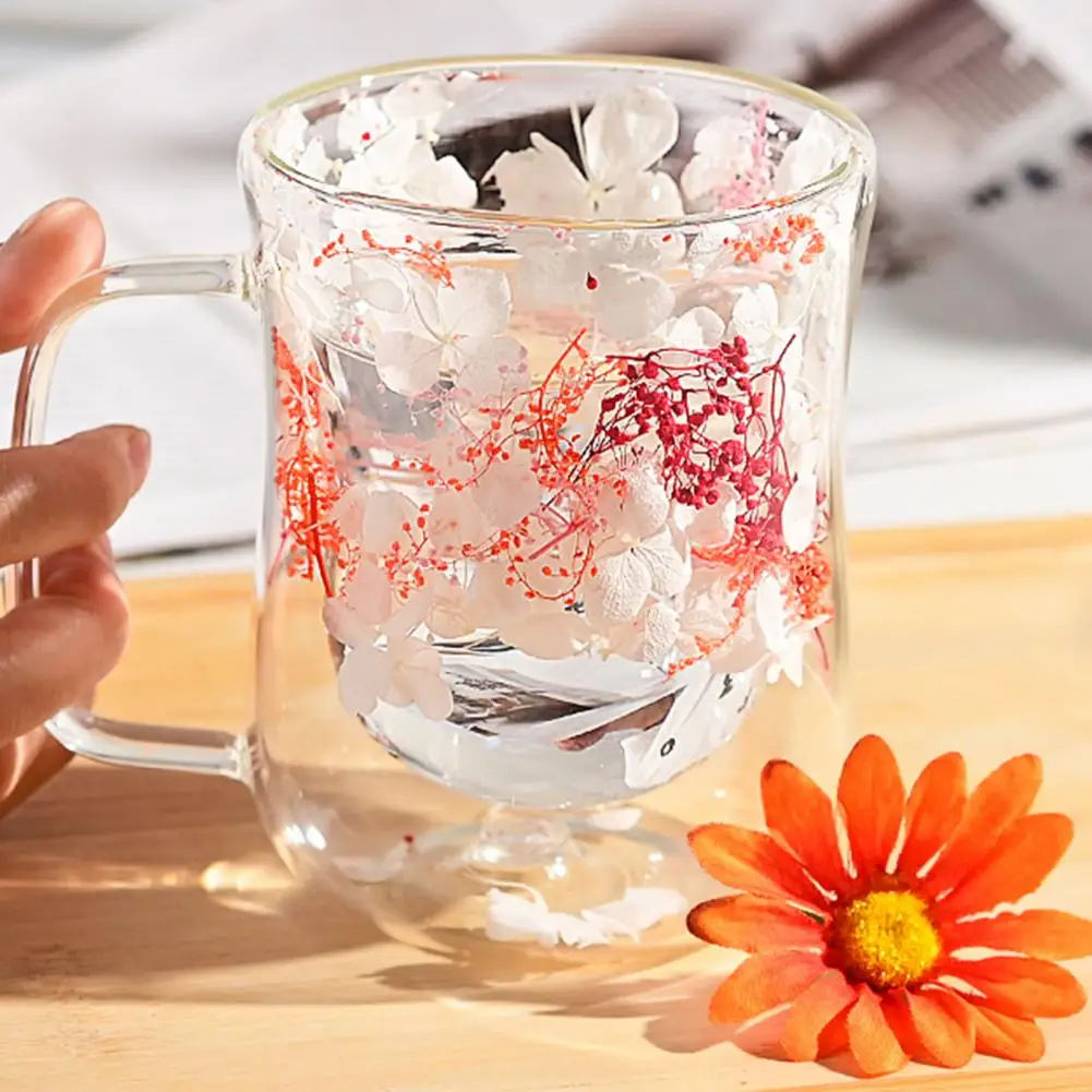 220/300ML Double Walled Glass Cups With Insulated Handle Clear Coffee Mugs Heat Resistant Floral Design Drinking Mug For Tea