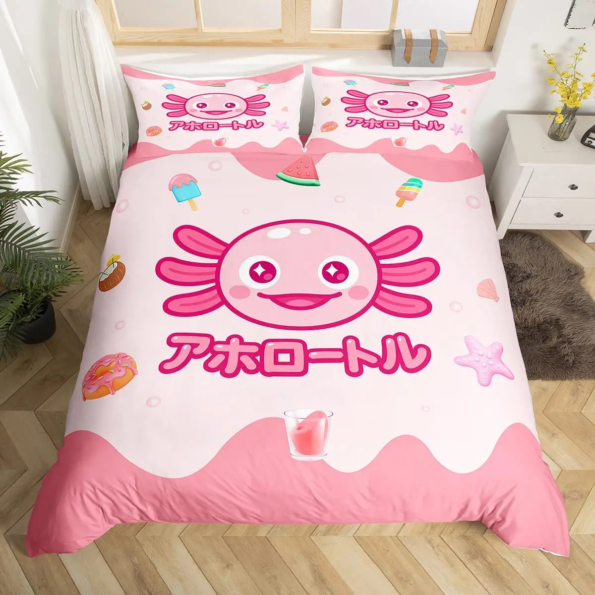 Axolotl Duvet Cover Set Pink Newt Wildlife Comforter Cover With Pillowcases Cartoon Octopus Animal Kawaii Style Twin Quilt Cover