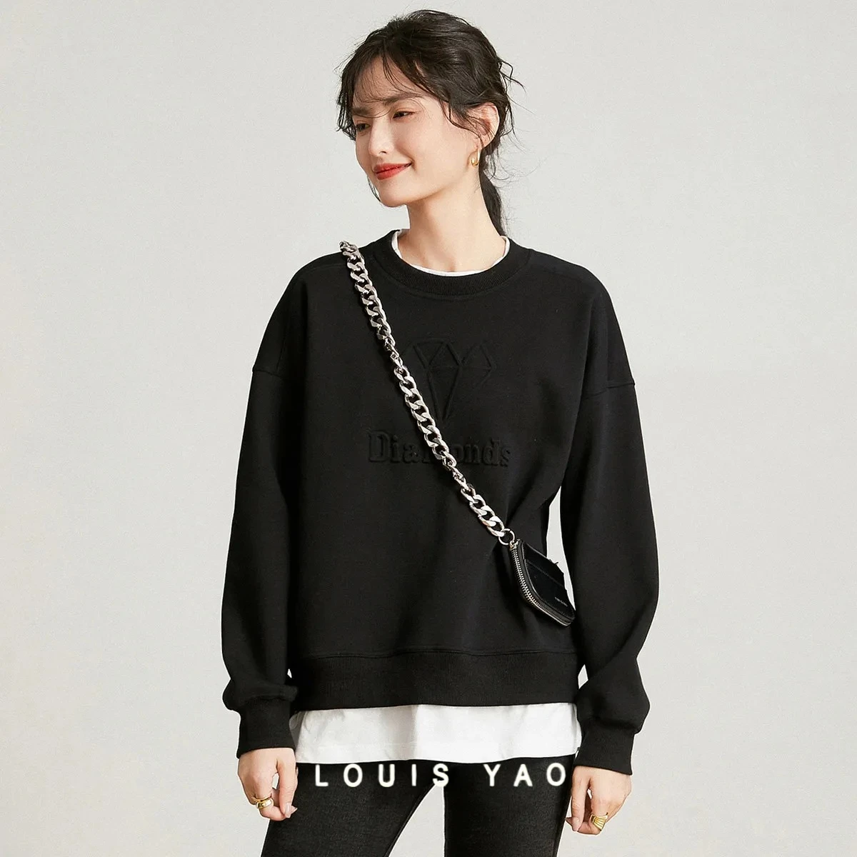 

LOUIS YAO Casual Versatile Fake Two-piece Women's Sweatshirt 2025 Autumn Winter 3D Printing Thick Velvet Long Sleeved Hoodies