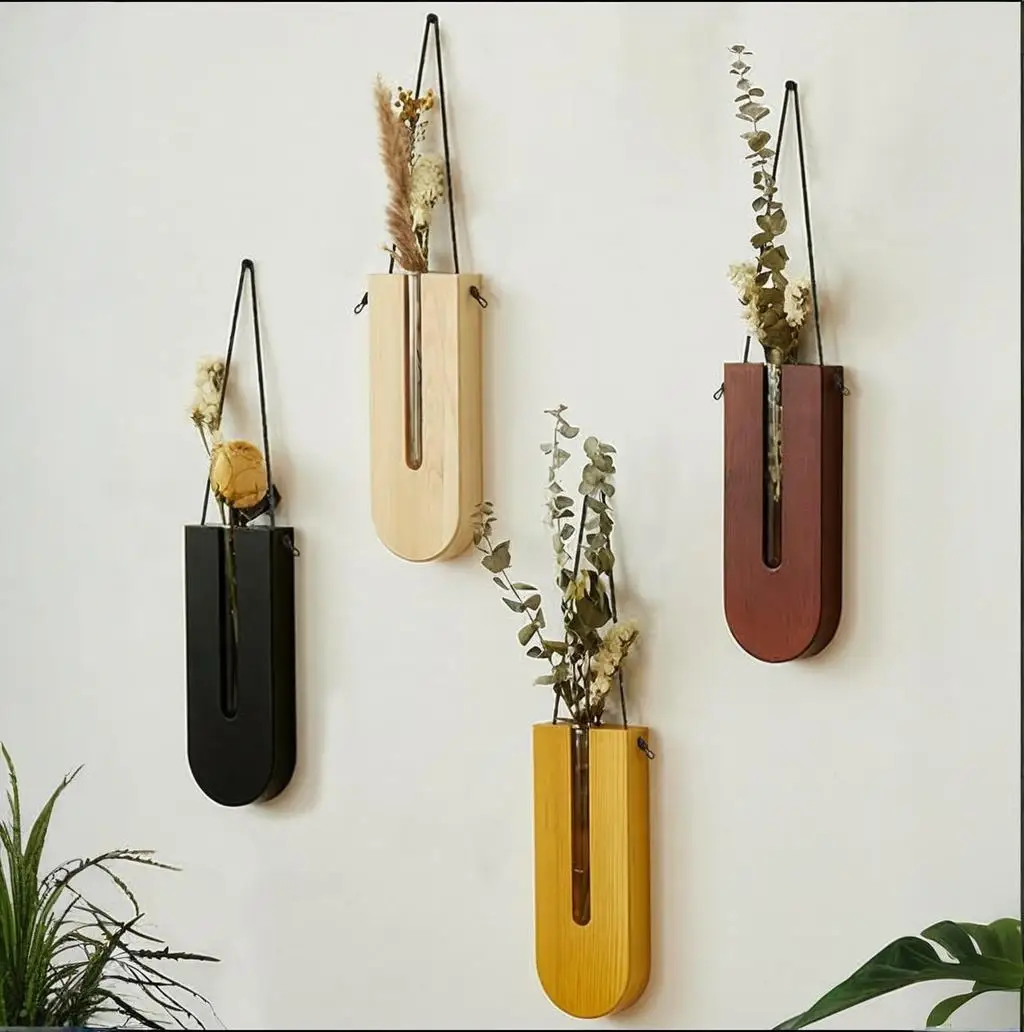 Wooden Hanging Planters Bohemia Wall Plant Propagation Terrarium Flower Tube Vase with Wood Stand, Indoor Propagator for Plants