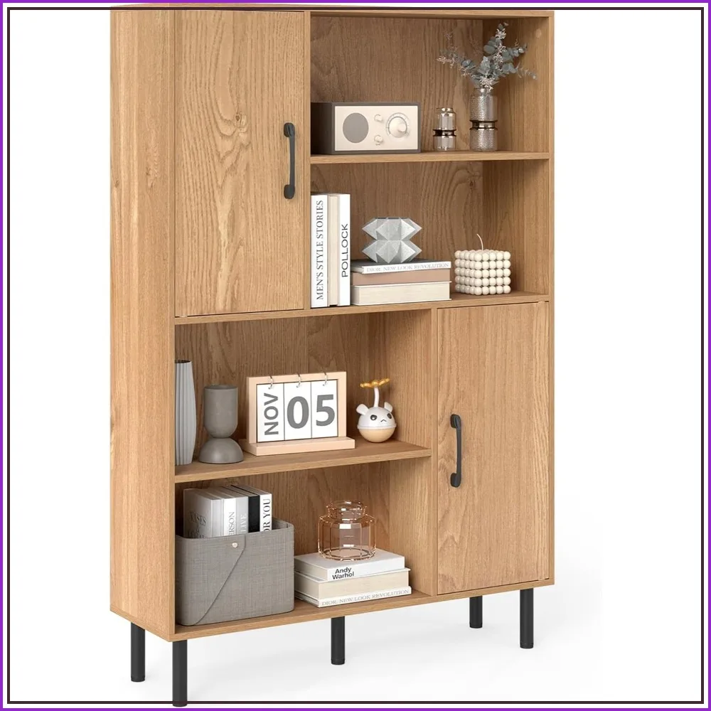 47-Inch Storage Cabinet with Doors, Open Shelves, 4-Tier Bookcase, Tall Floor Cupboard, Natural