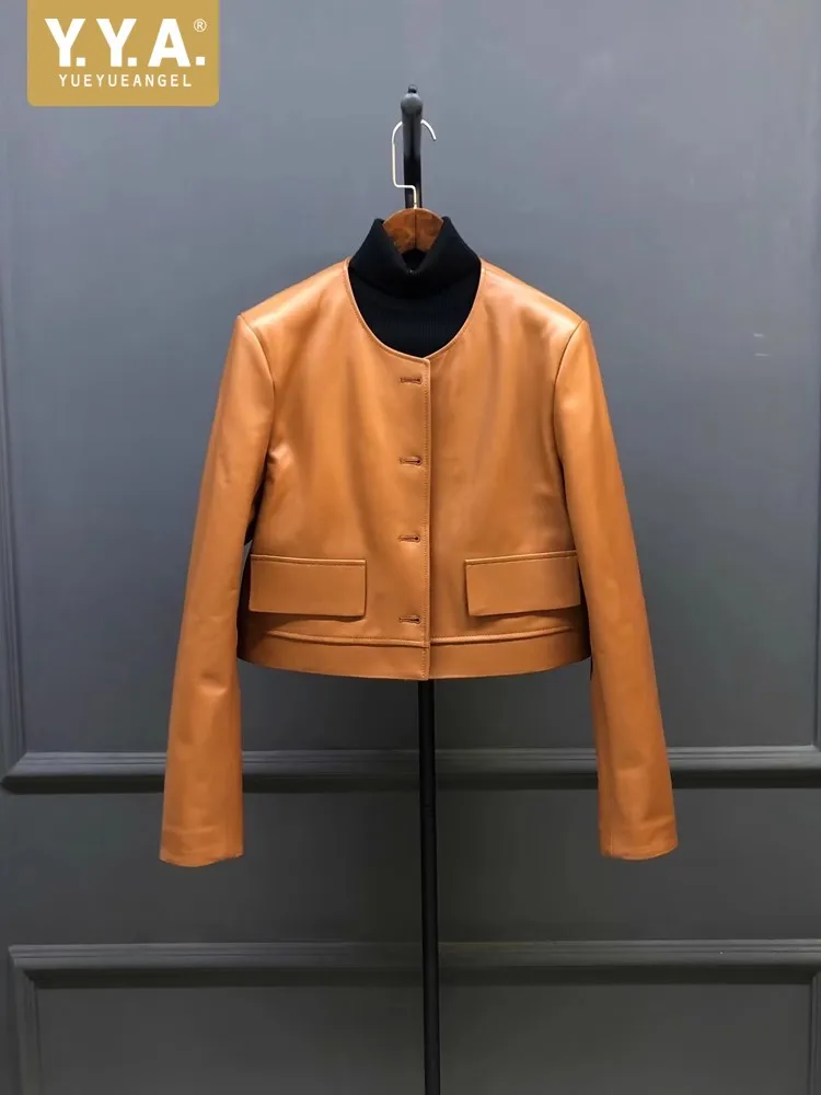 Autumn Spring Natural Sheepskin O-Neck Fashion Orange Women Jacket Straight Single Breasted Genuine Leather Short Coat Outerwear