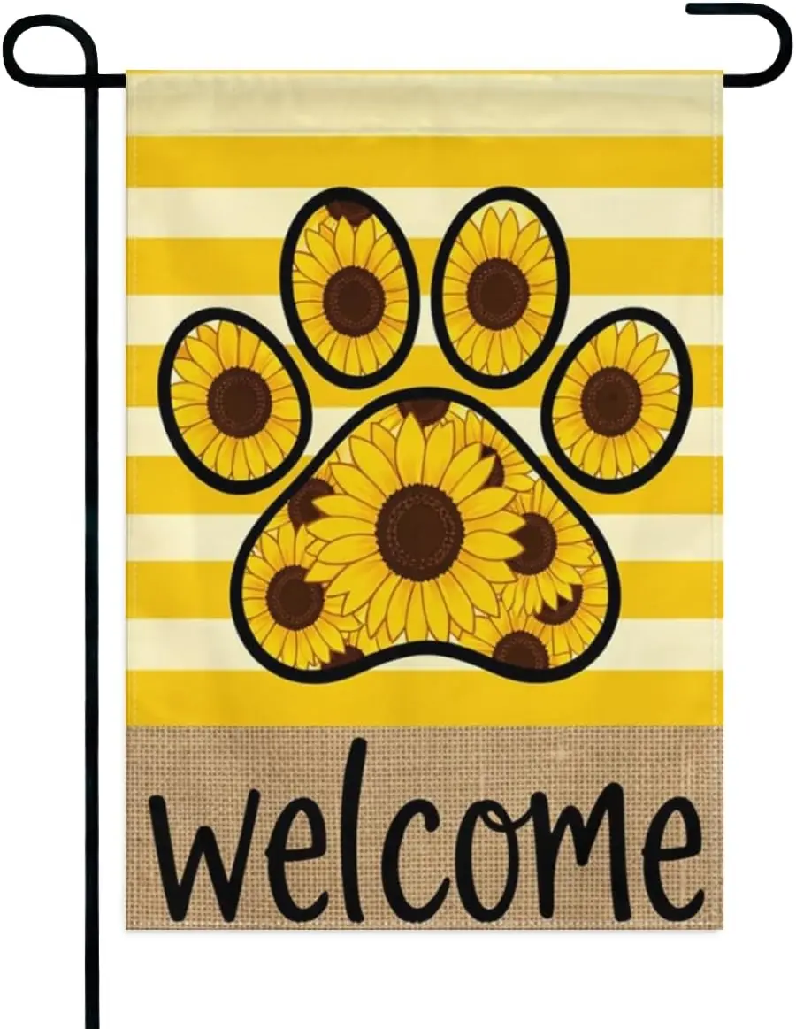 Sunflower Paw Print Welcome Garden Flag 12x18 Inch Double Sided – Summer Floral Dog Yard Decoration for Outdoor Lawn & P yyi
