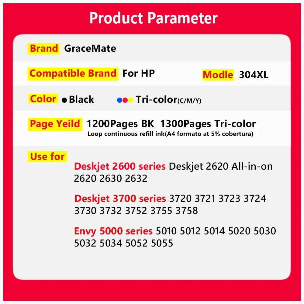 304XL for HP 304 Remanufactured HP304 XL Refilled Ink Cartridge for Deskjet 3720 3721 3723 Envy 5030 5032 Printer