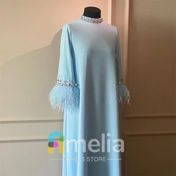 Customized Round Neck Sheath Evening Dresses Long فساتين سهرة مسلمة Long Sleeve Crepe Robe de soirée Formal Party Gown