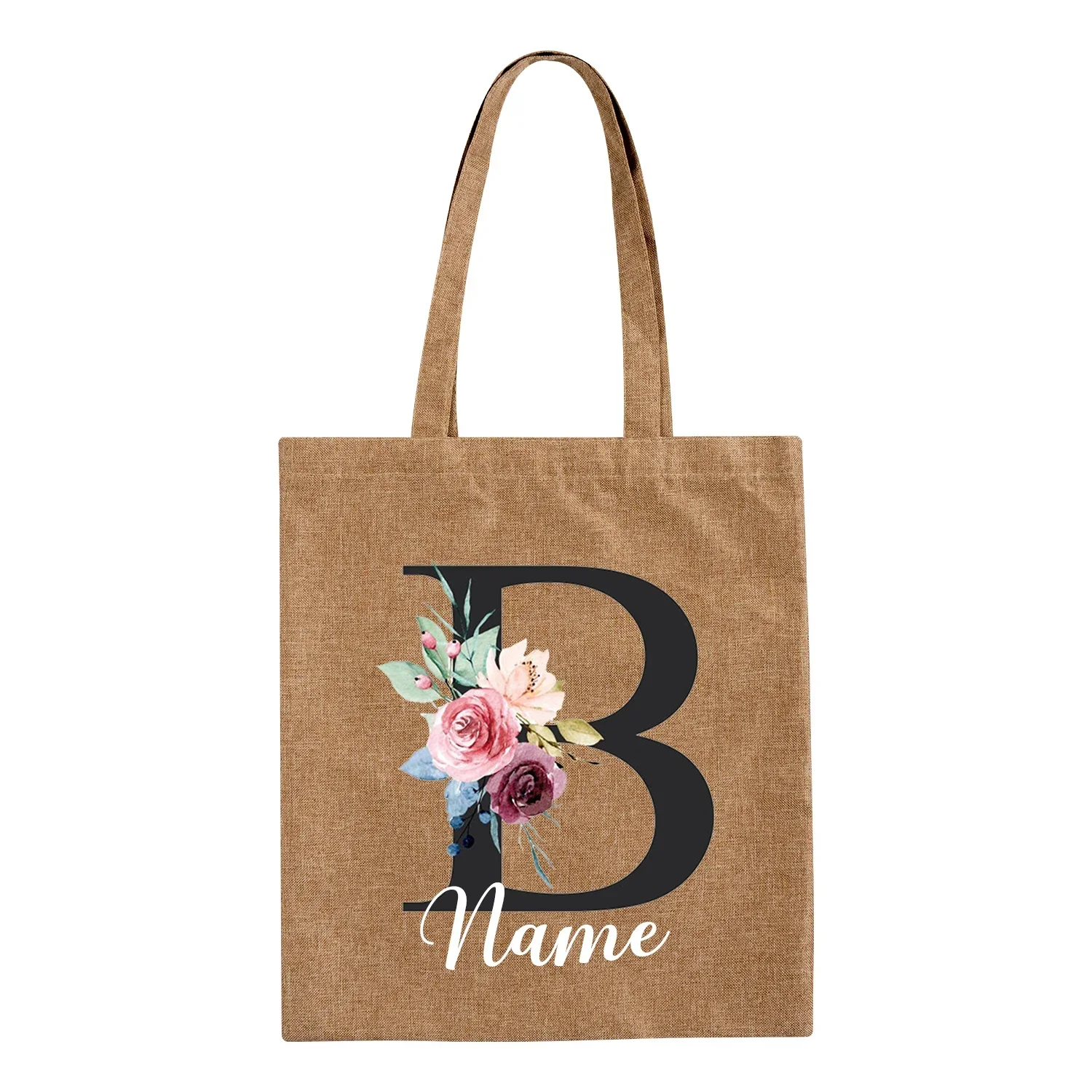 Foldable Shopping Bag Flower Letter Customize Name Linen Bag Ladies Casual Tote Bag Large Capacity Reusable Christmas Gift Bags