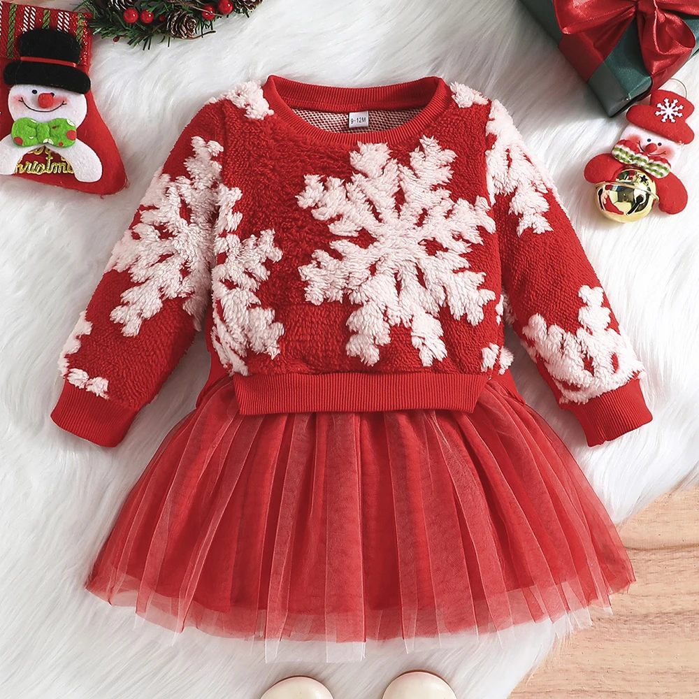 Ball Gown Kids Girls 9M-4Y My First Christmas Plush Snowflake Long-sleeve Splicing Mesh Dress Warming Toddler New Year Costume