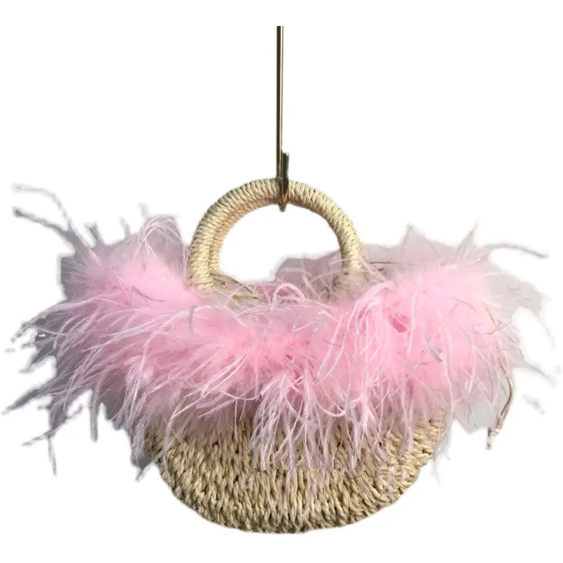

Women's Real Ostrich Feather Bags Straw Woven handbag Summer Holiday Party Woven Bag Handmade