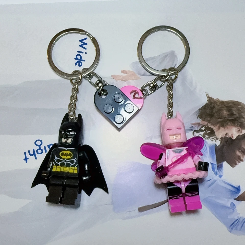 2pcs Handmade 3D Fairy Star Bat Couple Keychain Pink Black Block Splicing Heart Shape Keyring Backpack Key Pendant  Props Gift