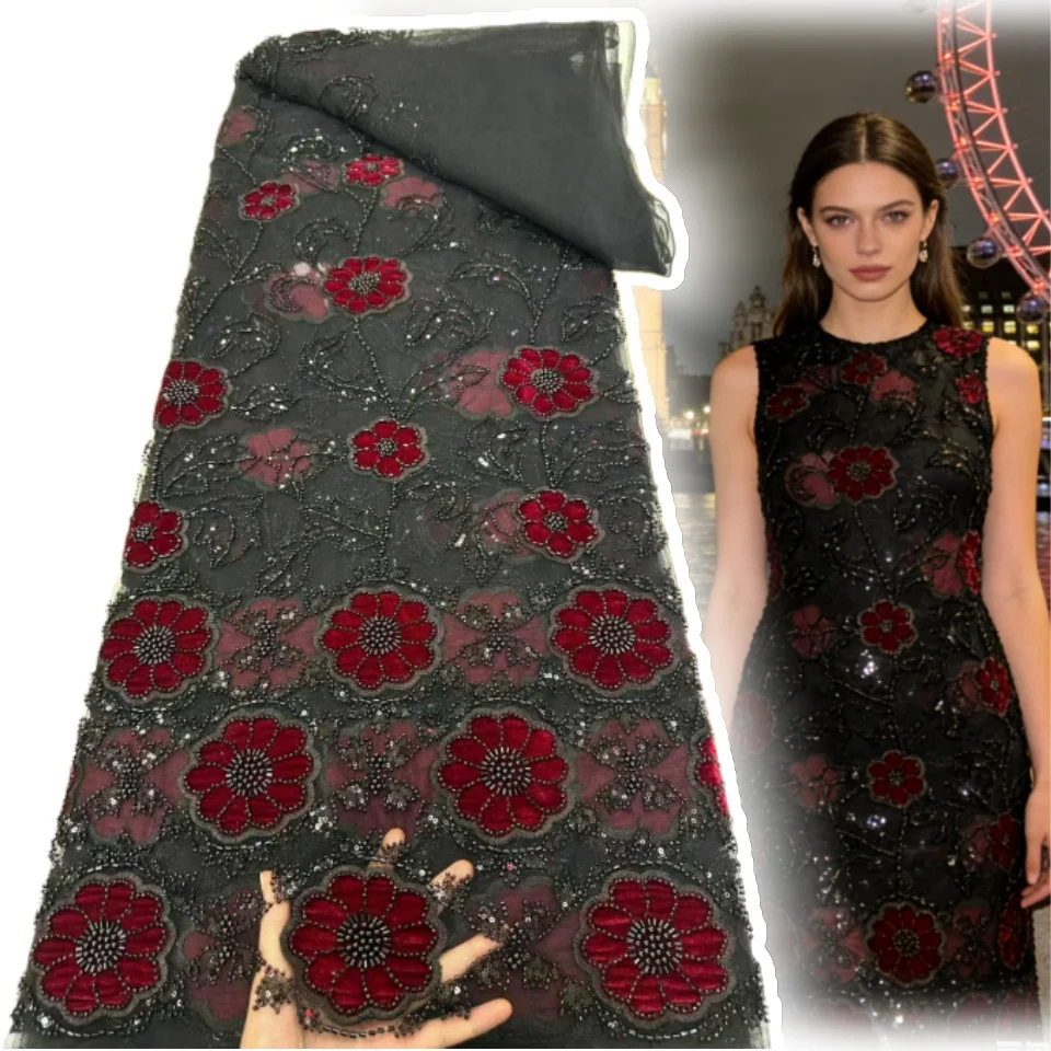 

Luxury African Lace Fabric 5 Yards Velvet Lace Beaded Tulle Lace Fabric Embroidered Nigerian Fabric for Wedding Dress Sew SZ1984