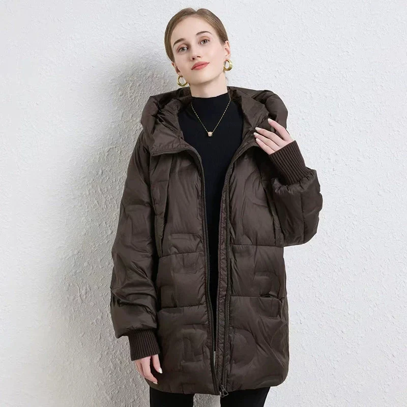 

Новая женская куртка-пуховик 2026 года с капюшоном, осенне-зимняя, повседневная, свободного кроя, оверсайз, теплая, высокого качества, из белого утиного пуха