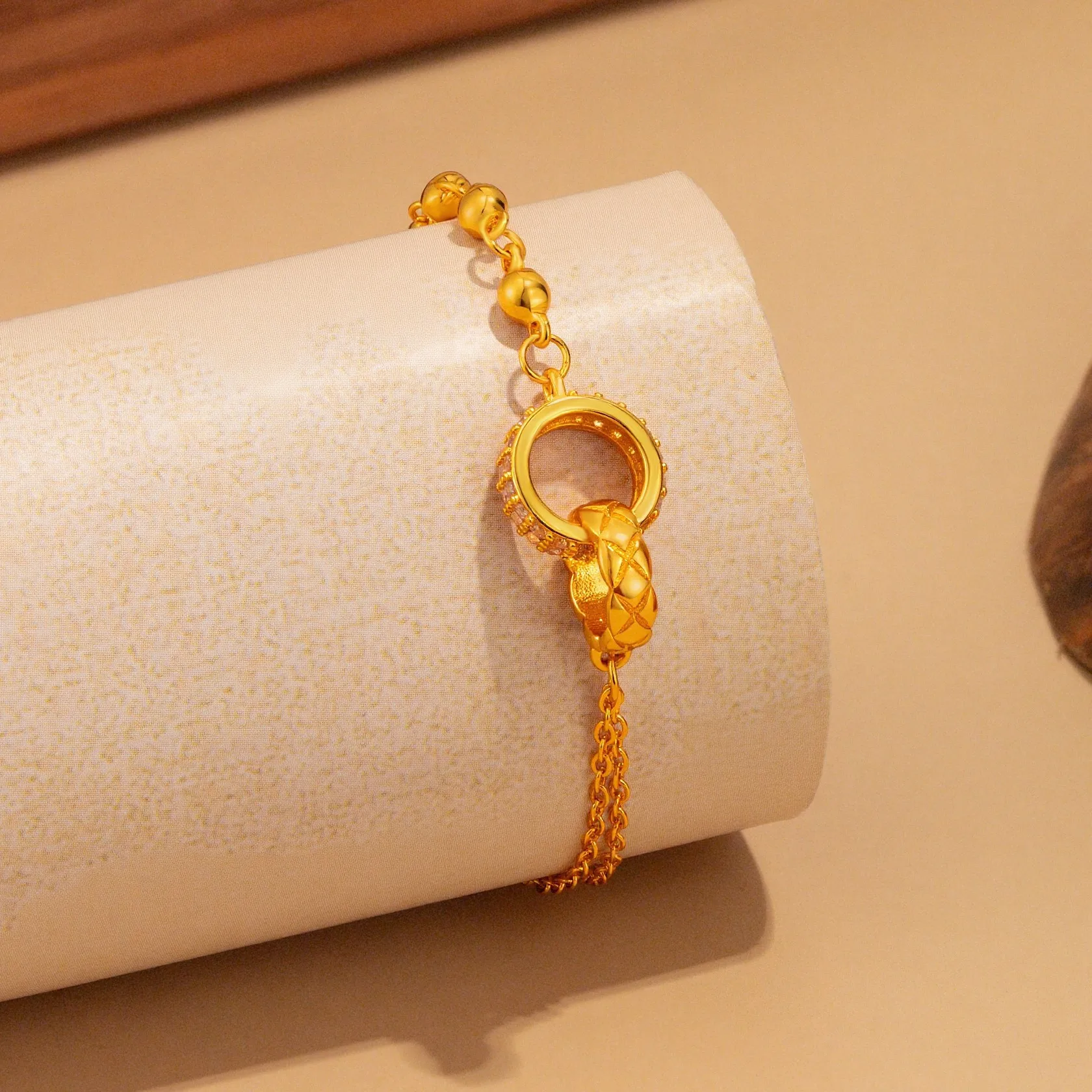 Luxury 24K 9999 Pure Gold real gold Women's Threaded Double Ring Bracelet