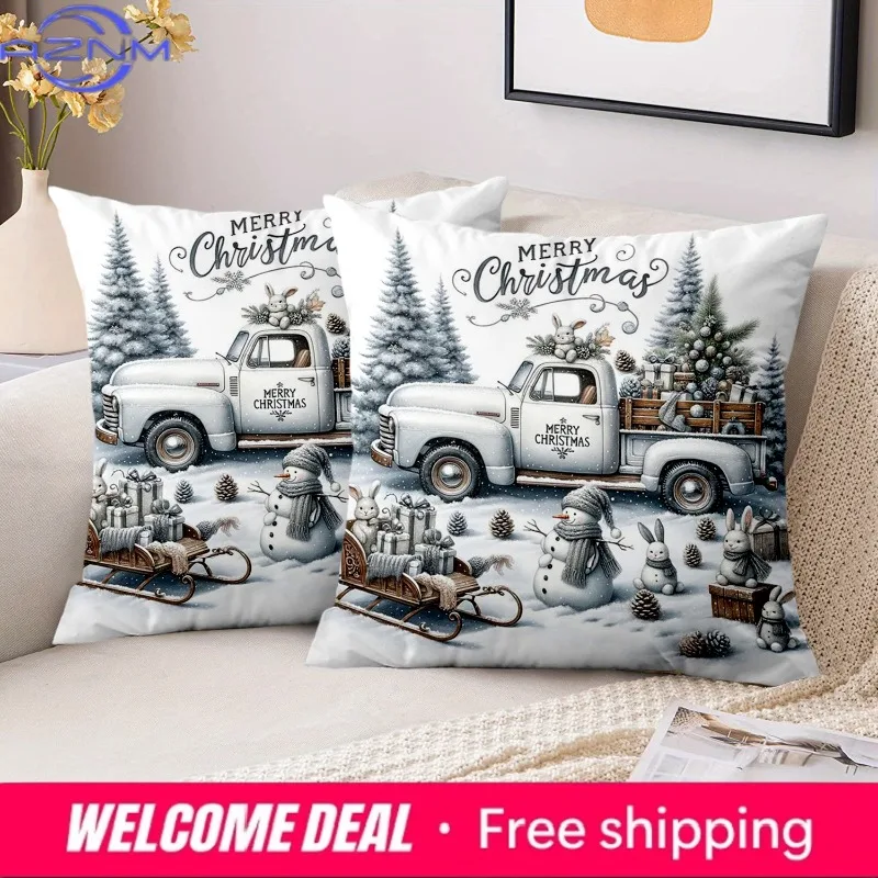 1 Pieces Christmas Snow Truck Rabbit Sled Pillow Covers Polyester pillowcase, sofa decorative cushion cov Headboard Pillow