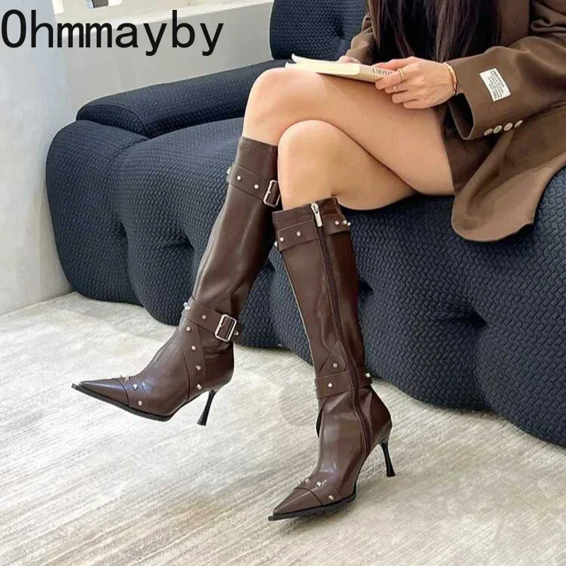 Pointed Toe Women Knee High Modern Boots Fashion Belt Buckle Slim Long Booties Thin High Heel Autumn Winter Ladies Shoes