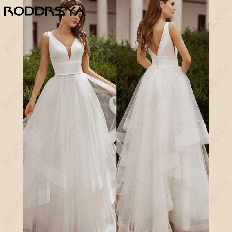 RODDRSYA Spaghetti Straps Backless Wedding Dresses Sleeveless Tulle Bridal Gown V-Neck Robe de Mariee A-Line Beach Bride Party