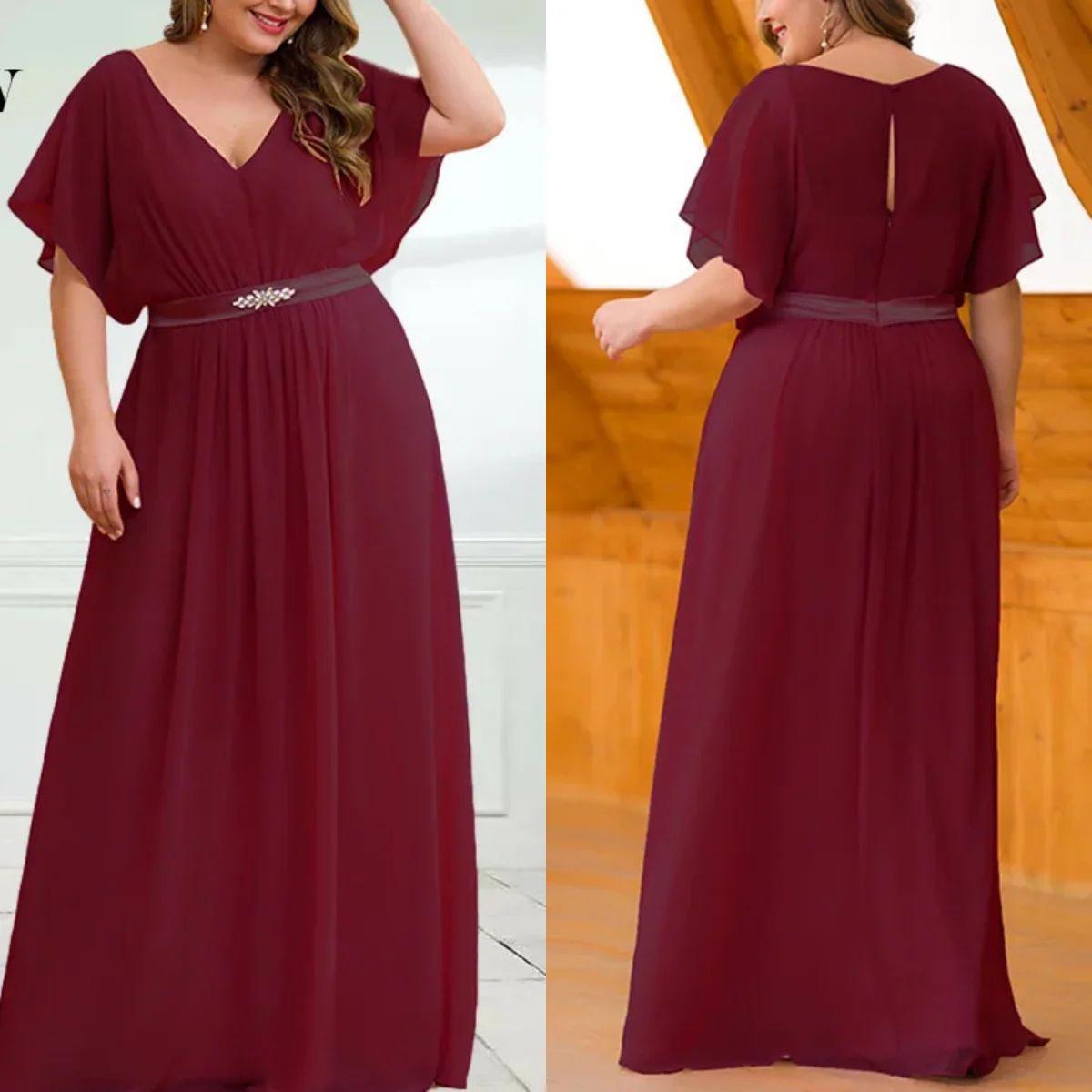 

Evening Dresses Chiffon Burgundy V-Neck Cap Sleeves Zipper Straight Floor Length Plus Size Vestido De Fiesta Women Formal Gowns