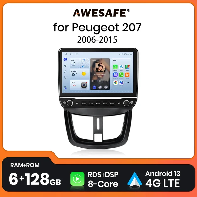 AWESAFE PX9 Car Radio Autoradio for  Peugeot 207 207CC 2006 - 2015 Wireless Carplay Screen Android Auto Stereo GPS Navi FM RDS