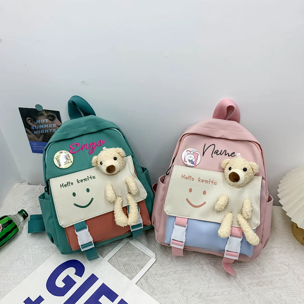 Personalized Embroidered New Nylon Backpack For Middle School Students Leisure Travel bag Cute Little Bear Street Bag