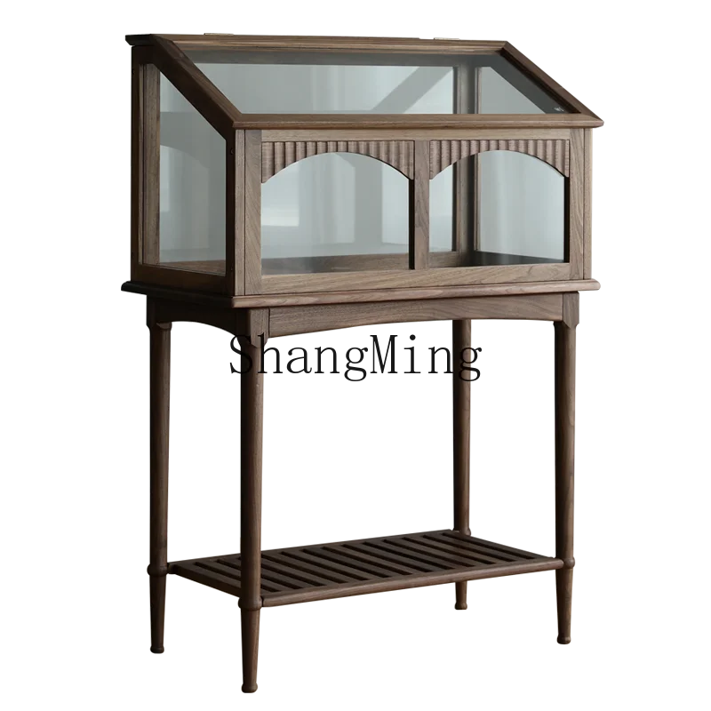 LXY retro black walnut balcony glass flower stand courtyard storage floor succulent plant insulation rack
