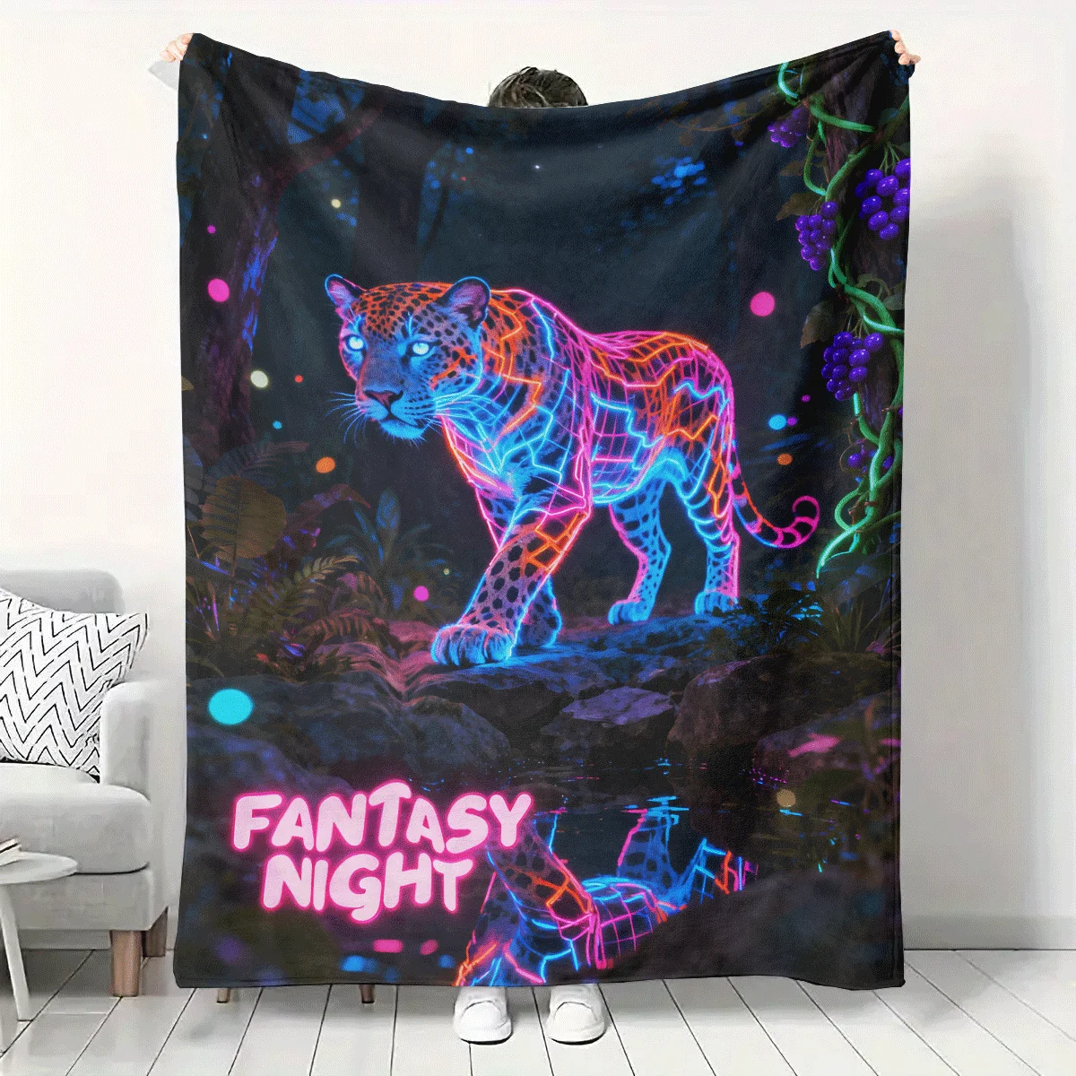 

1PC Cyber Neon Panther Fantasy Night Jungle Carpet Fluorescent Style Art Home Sofa Warm Blanket