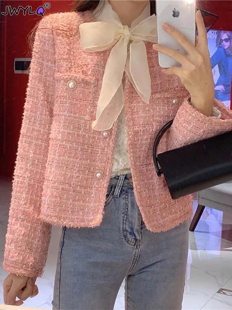 

Sweet Pearl Button Round Neck Korean Coat Women Harajuku Fashion New Cropped Tweed Plaid Jacket Elegant Luxury Short Outerwear