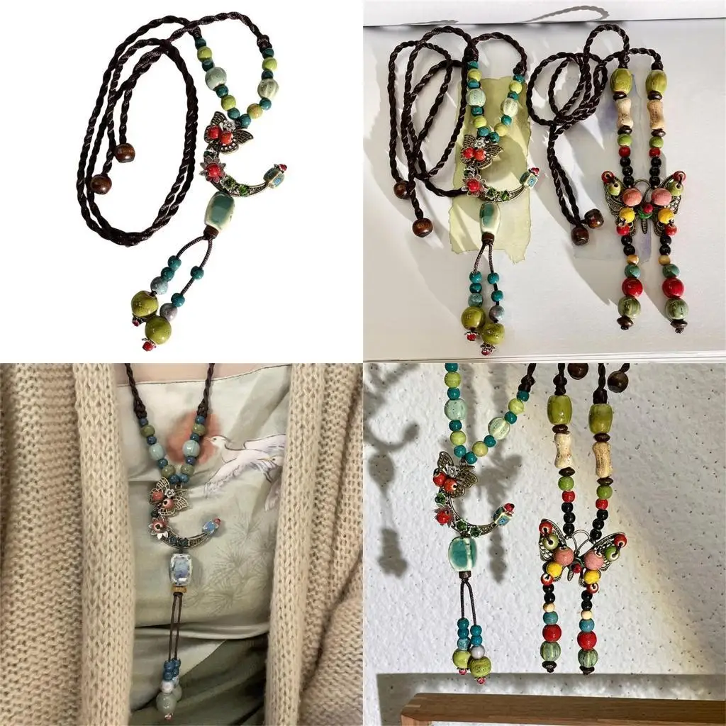 

652F Unique Long Sweater Chain with Butterfly Moon Charm for Winter Looks Ceramic Beads Modern Fashion Jewelry