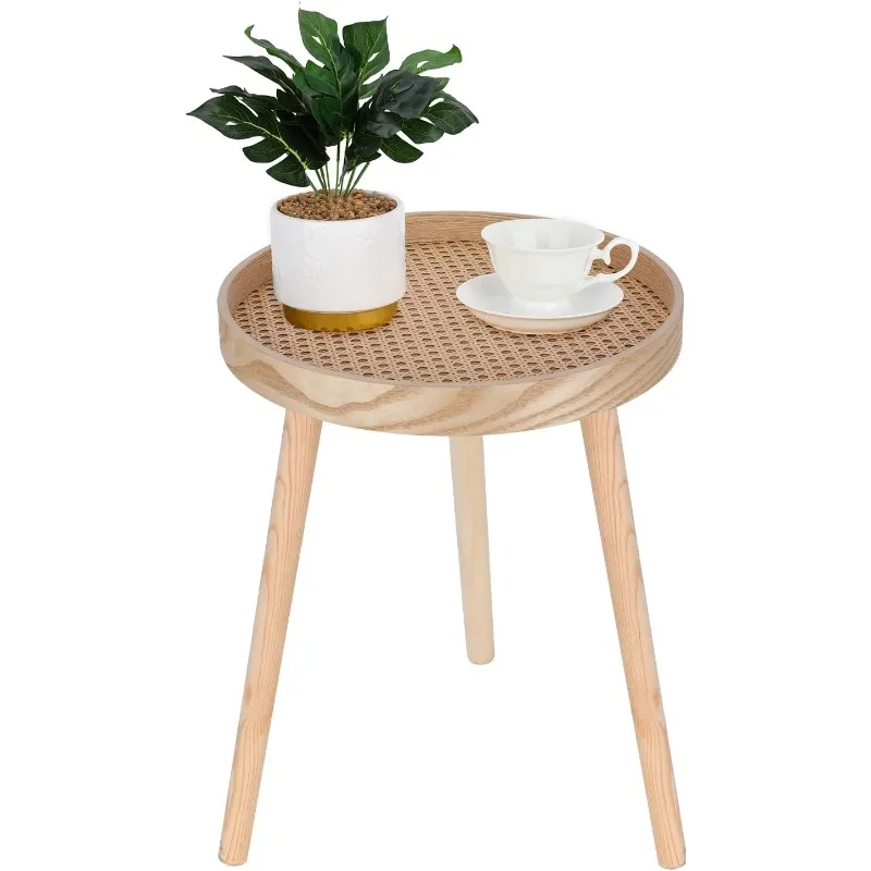 

Small Side Table, Rattan Nightstand, Round End Boho Bedside Accent Mid-Century Modern Bed Tables for Living Room Bedroom Office