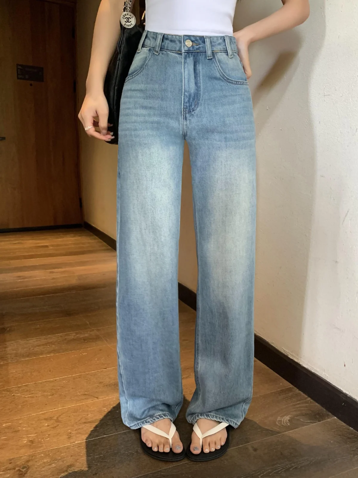 Pusumede Blue Wide Leg Jeans Women's Loose Slimming Casual Pants High Waist City Outdoor Style Summer Youth Loose Fit No Stretch