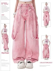 ADAgirl-pantalones vaqueros Cargo Y2K para mujer, Vaqueros informales de pierna ancha con cinturón Vintage de gran tamaño, estilo Hip Hop coreano, color rosa