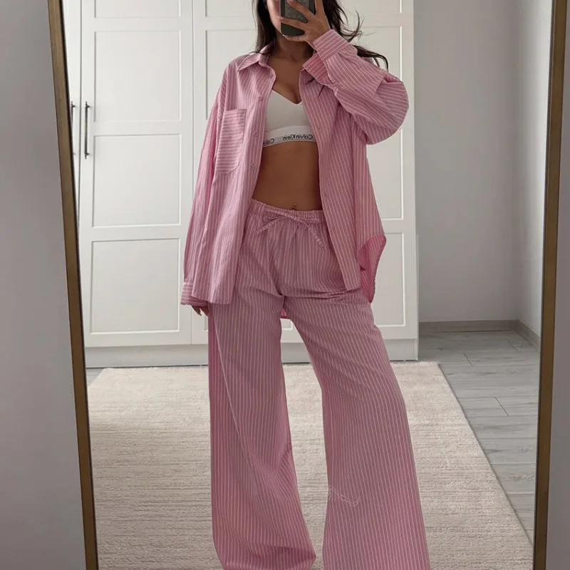 2026 Spring/Summer New Arrival Striped Long-Sleeved Trousers Loose-Fitting Casual Women's Loungewear