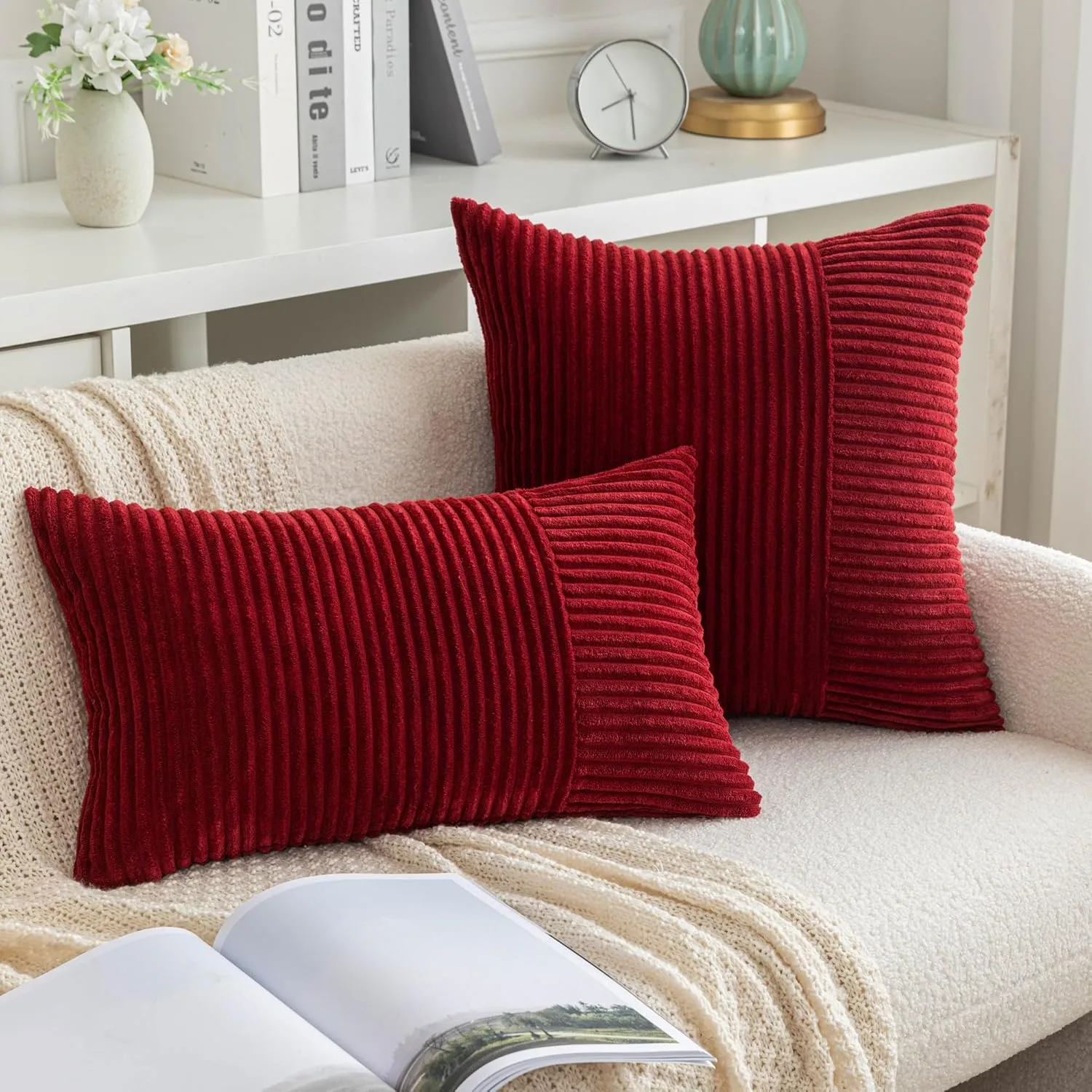 Red Striped Pattern Cushion Cover, Modern Corduroy Throw Pillow Cover for Household Decor Splicing Modern Farmhouse Pillow Cover