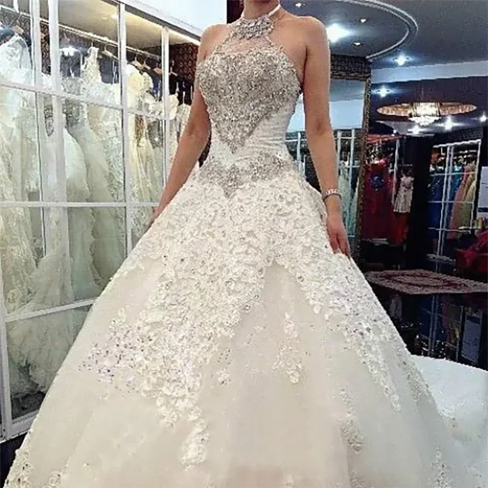 

Elegant Halter Appliquins Beading Sleeveless Ball Gown Bride Wedding Dreses Bridal Gowns Customized