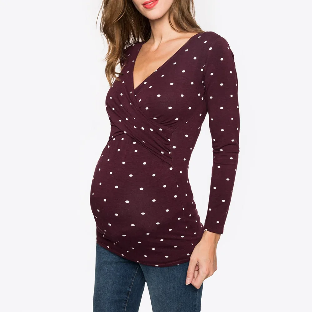 Spring and Autumn Maternity Clothing Deep V-Neck Long Sleeve Printed Cross Breastfeeding Care T-Shirt