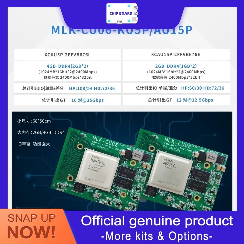 MILINKER MLKH8 CU06 UltraScale+ FPGA unit featuring PCIe x4 interface and high-bandwidth memory core.