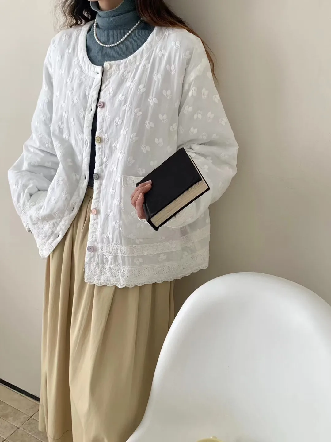 

Свободный крой, круглый хлопковый джет, женская однотонная теплая верхняя одежда, кружевной бот с вышивкой, смесь хлопка, против старения