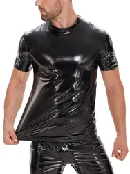 S-5XL Shiny Faux PU Leather Short Sleeve Wet Look PVC T Shirt Men Hip Hop Tshirt Tights Sexy Hot Shapers Muscle Bodybuilding Top