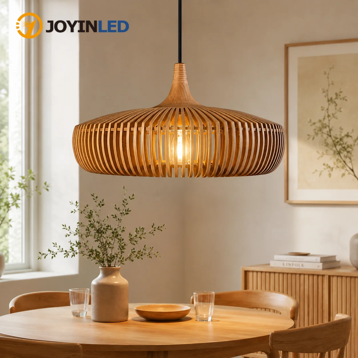 JOYINLED Wood Pendant Lamp Scandinavian Birdcage Hanging Light Danish Designer Ceiling Lamp for Dining Room Living Room 43CM