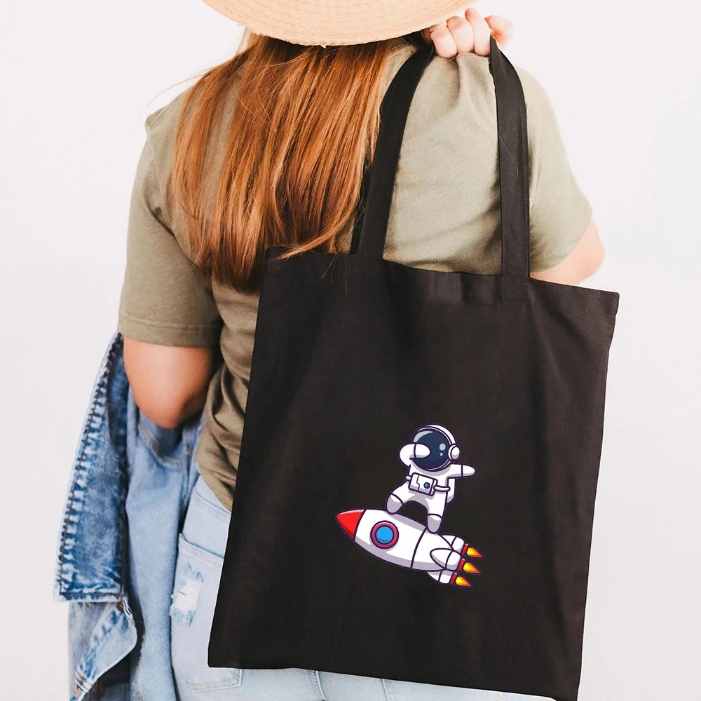 Cute Moon Space Astronaut Planet Saturn Star Cat Pig Corgi Universe Women Canvas Shoulder Tote Bag Cotton Shopping Beach Handbag